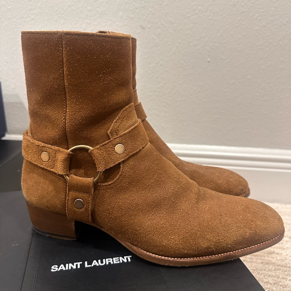 Saint Laurent Brown Suede Ankle Boots (Wyatt 40 Harness)